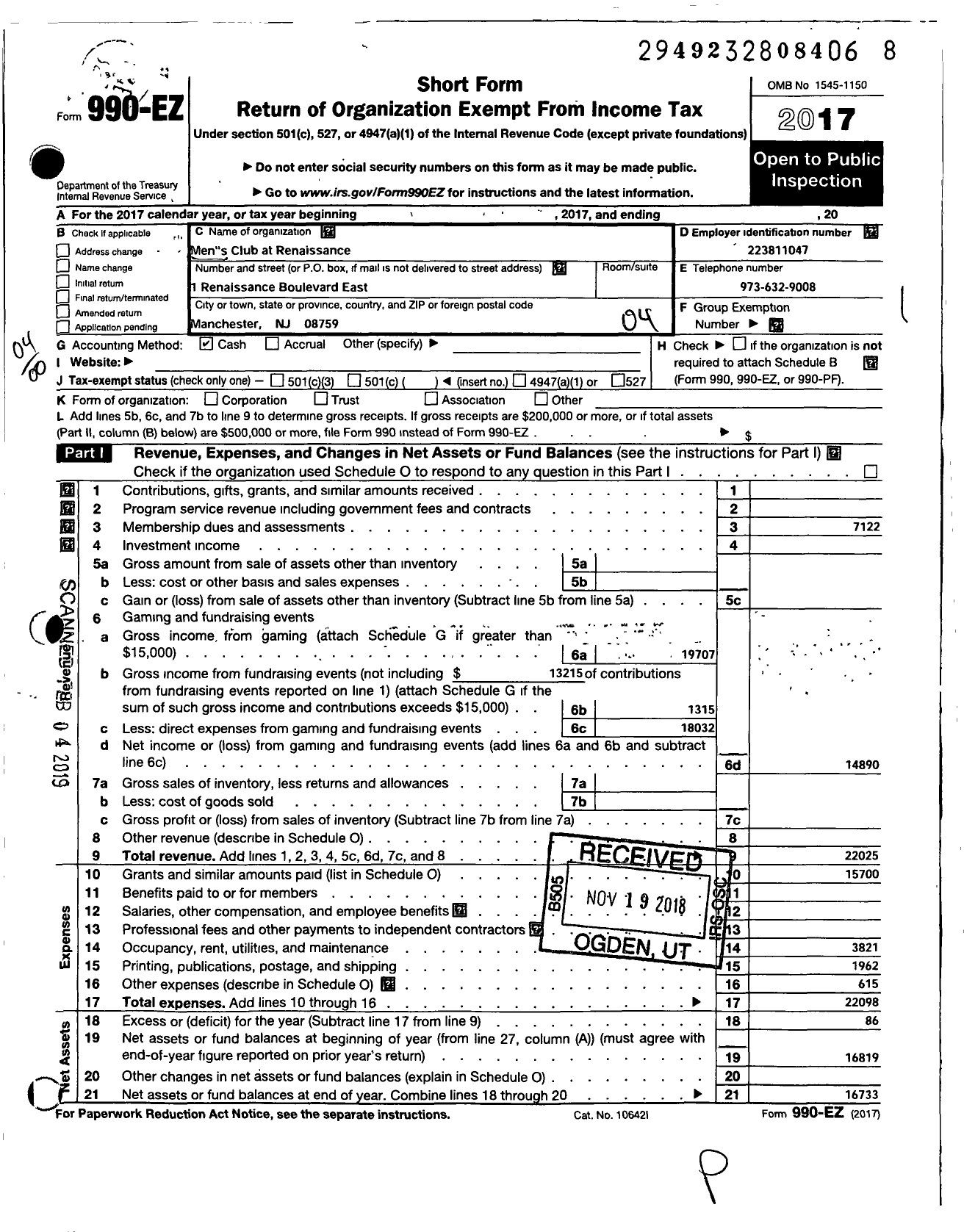 Image of first page of 2017 Form 990EO for Mens Club at Renaissance