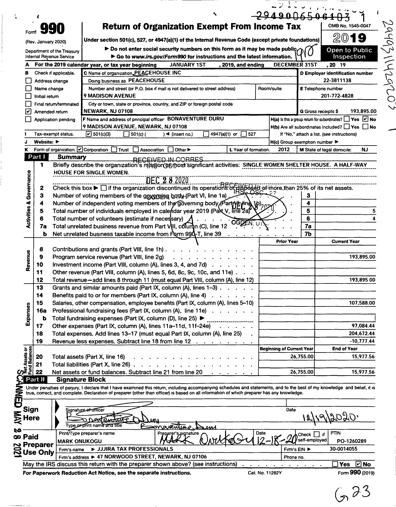 Image of first page of 2019 Form 990 for Peace House