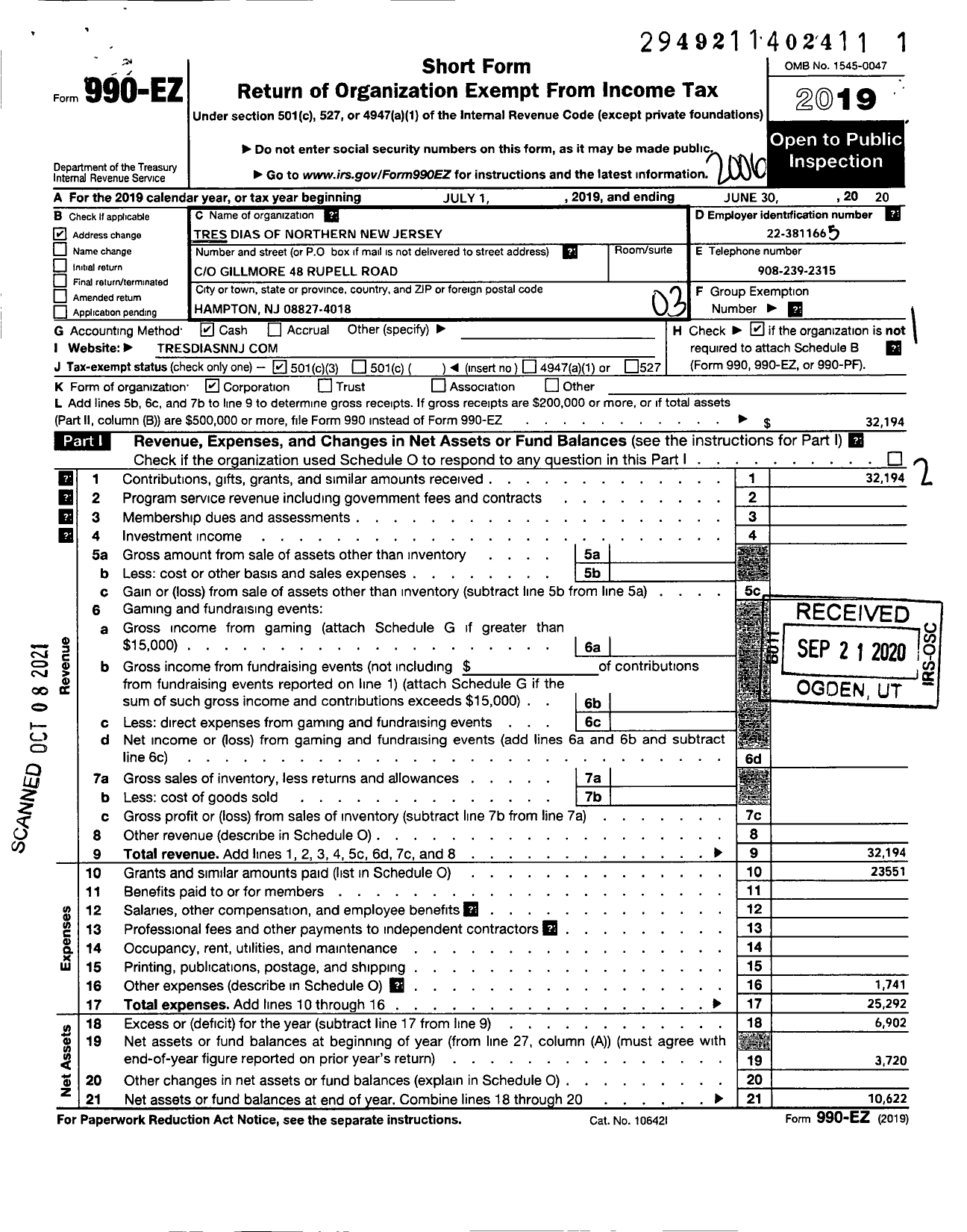 Image of first page of 2019 Form 990EZ for Tres Dias of Northern New Jersey