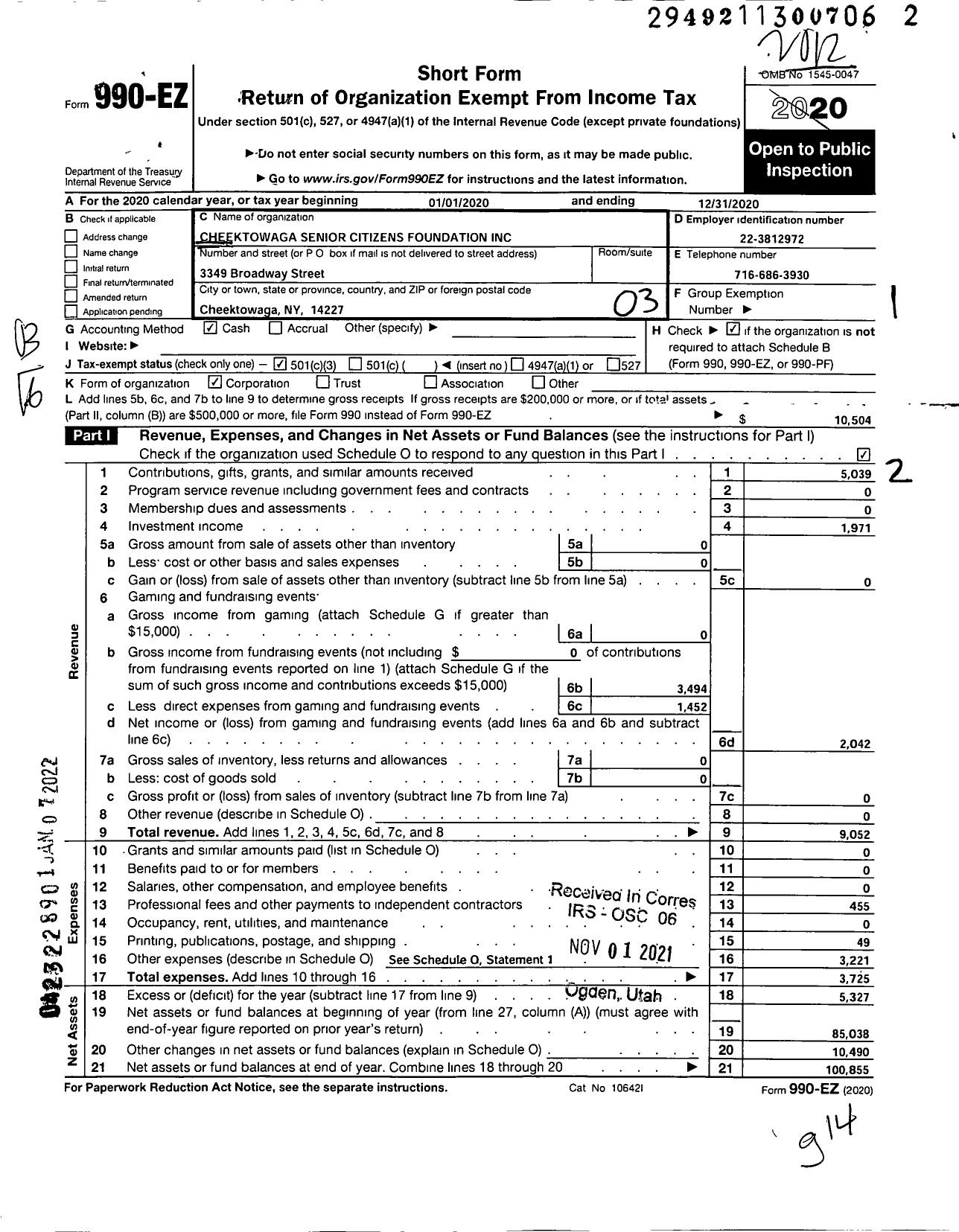 Image of first page of 2020 Form 990EZ for Cheektowaga Senior Citizens Foundation