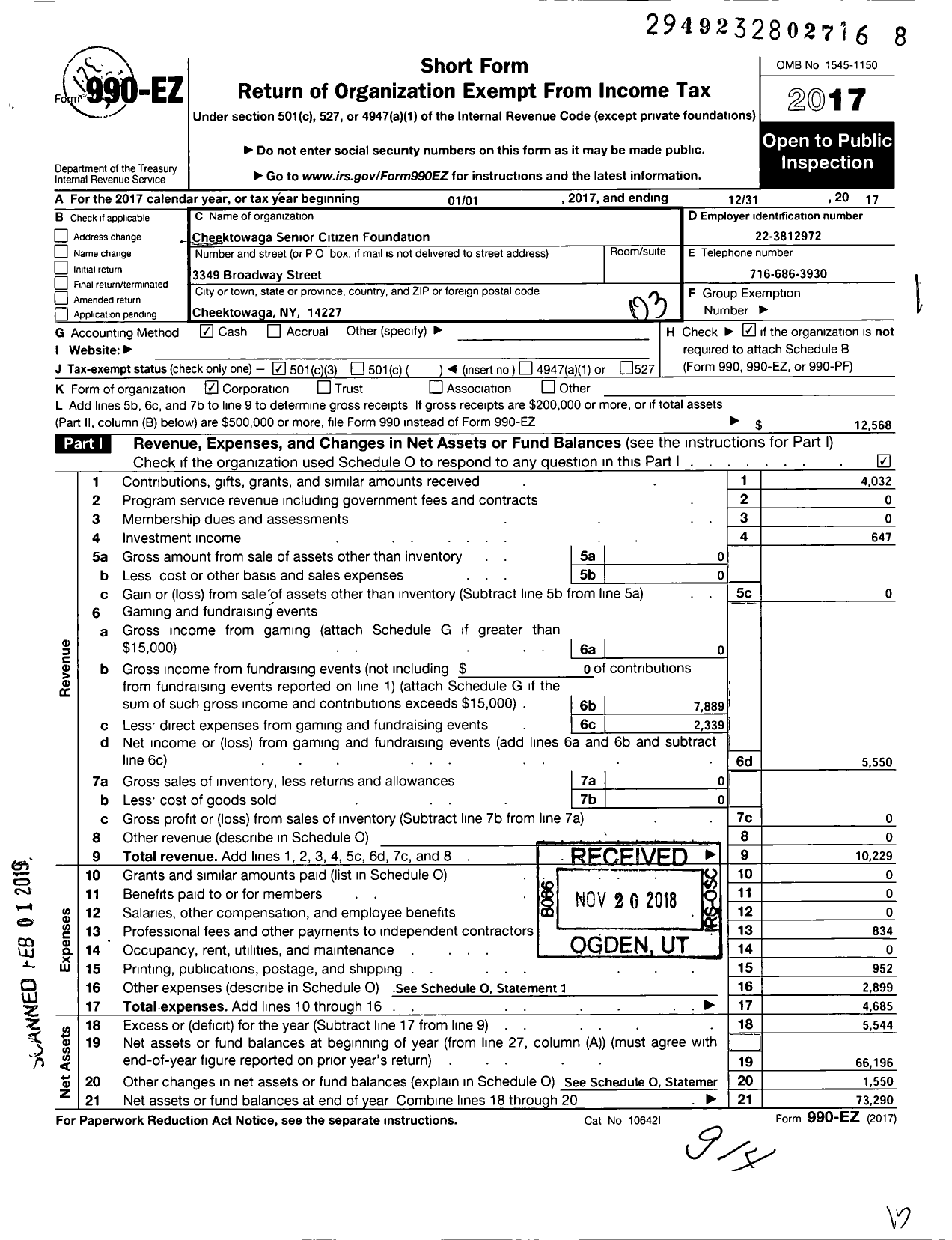 Image of first page of 2017 Form 990EZ for Cheektowaga Senior Citizens Foundation