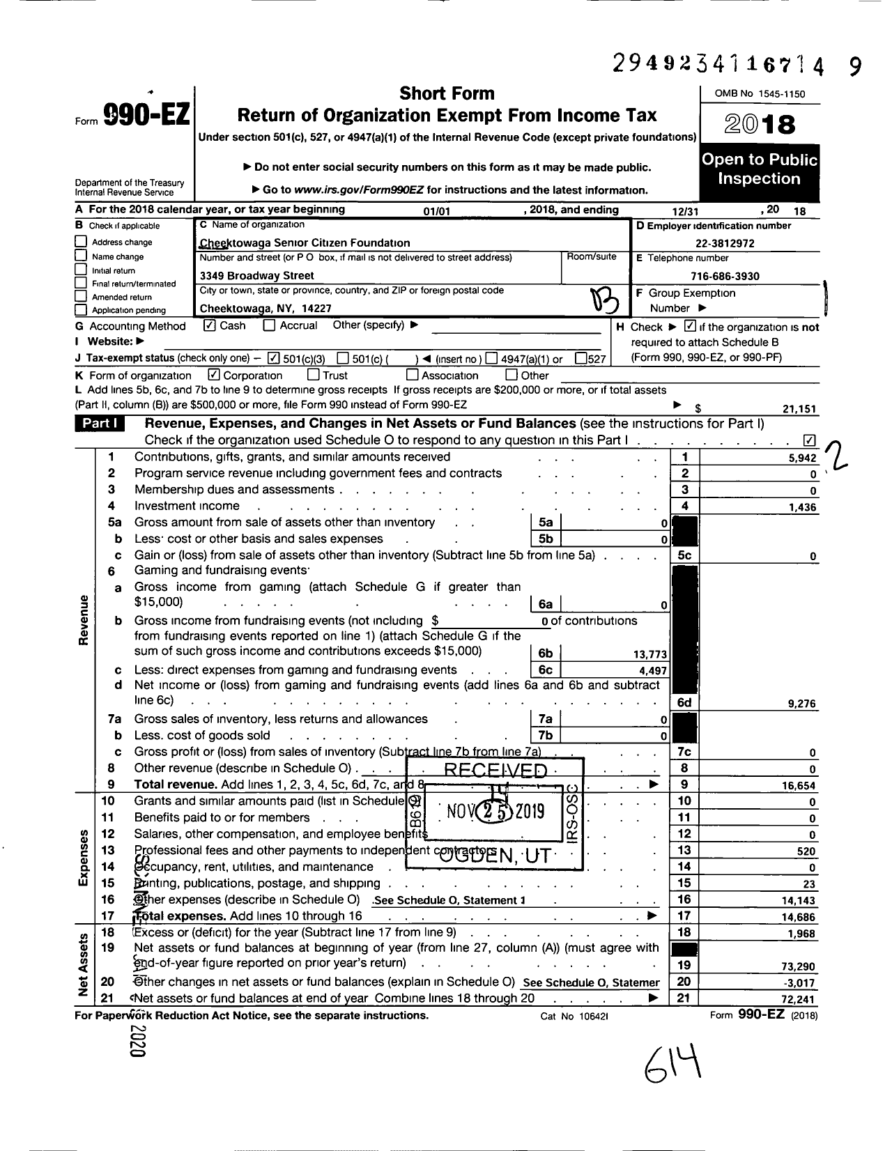 Image of first page of 2018 Form 990EZ for Cheektowaga Senior Citizens Foundation