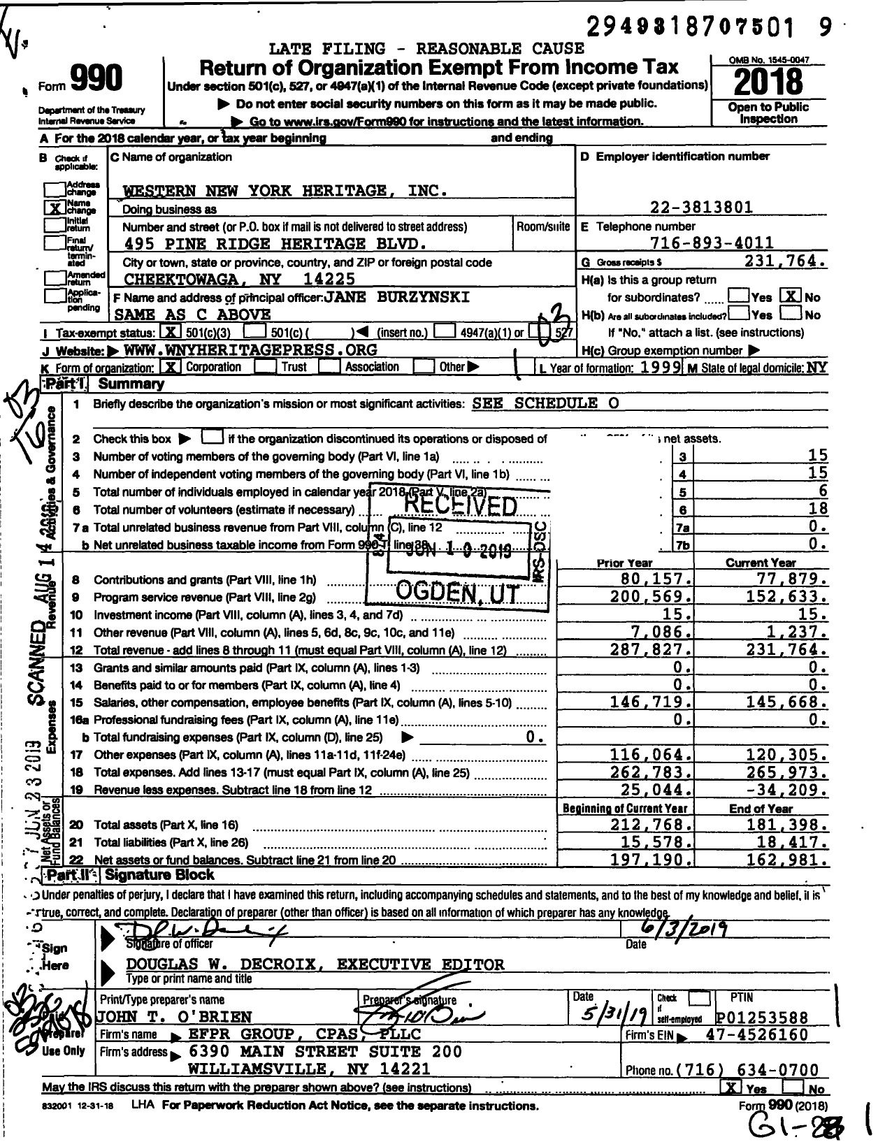 Image of first page of 2018 Form 990 for Western New York Heritage