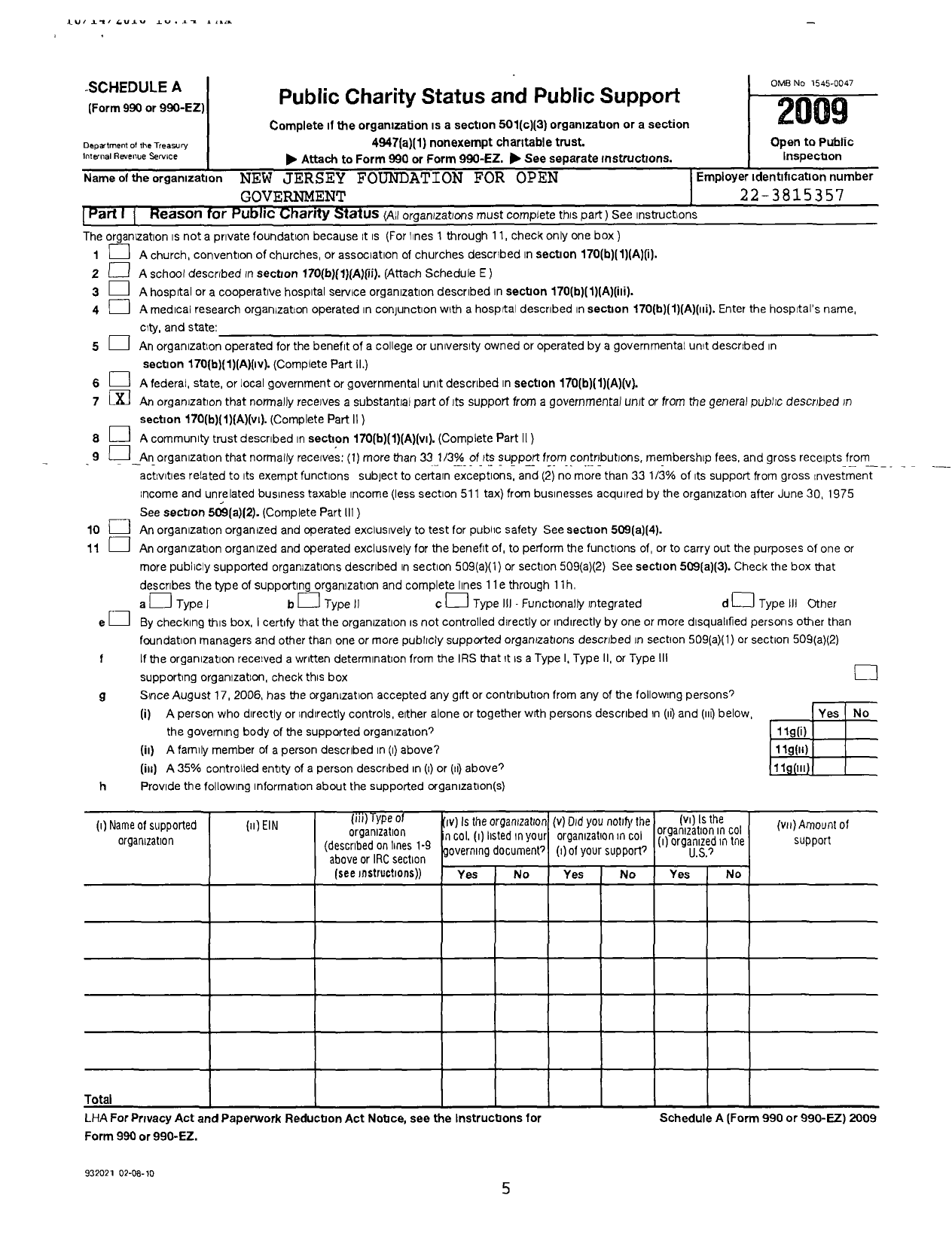 Image of first page of 2009 Form 990EOR for New Jersey Foundation for Open Government