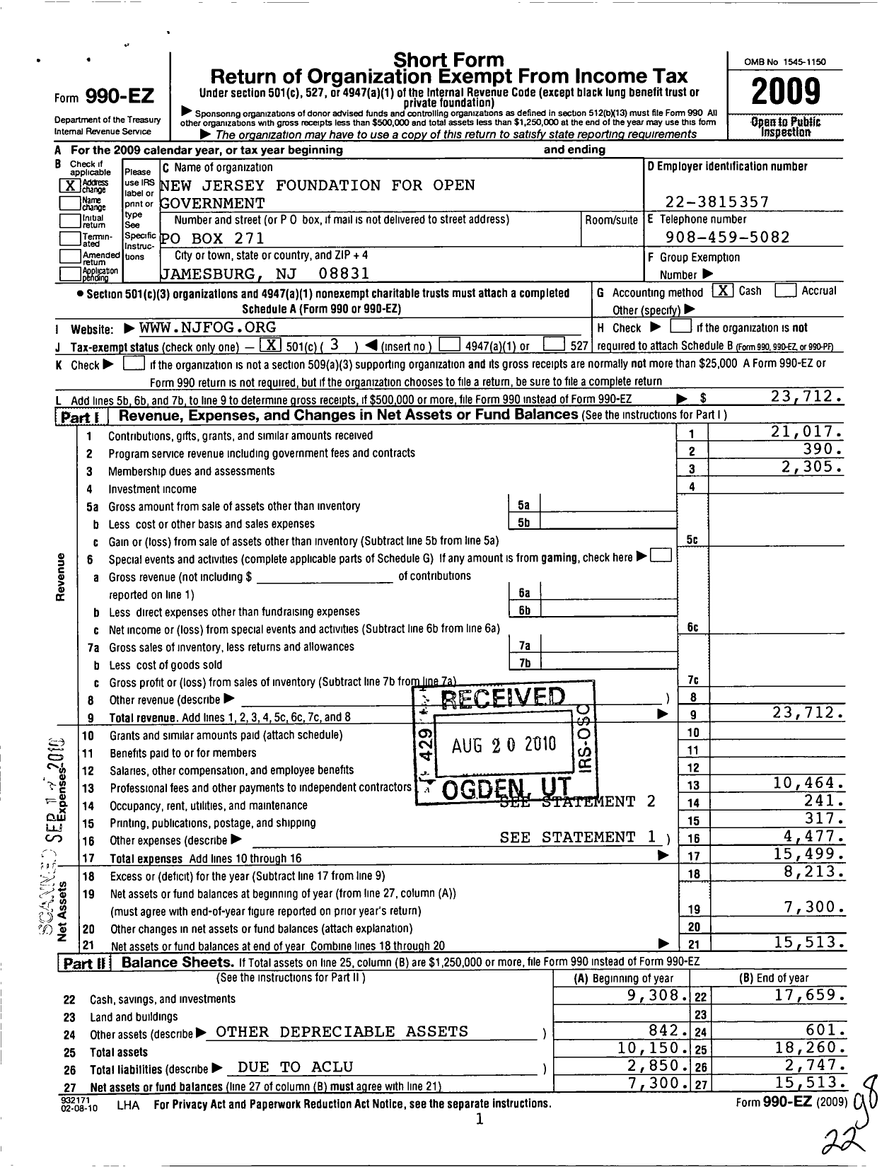 Image of first page of 2009 Form 990EZ for New Jersey Foundation for Open Government