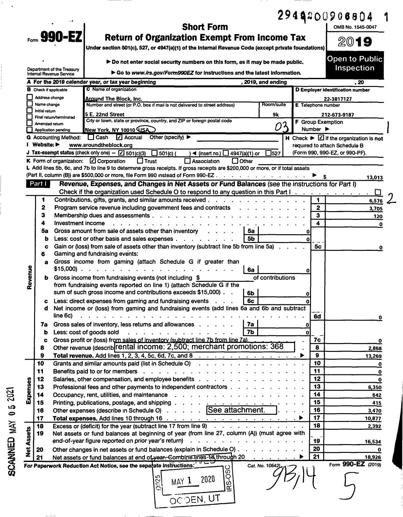 Image of first page of 2019 Form 990EZ for Around the Block