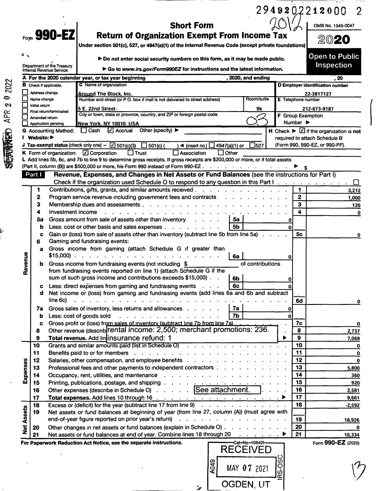 Image of first page of 2020 Form 990EZ for Around the Block