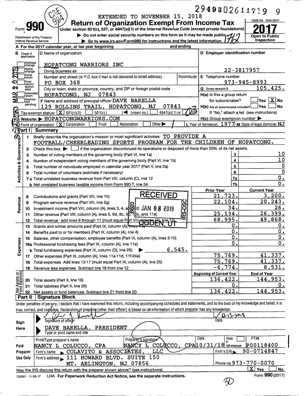 Image of first page of 2017 Form 990 for Hopatcong Warriors