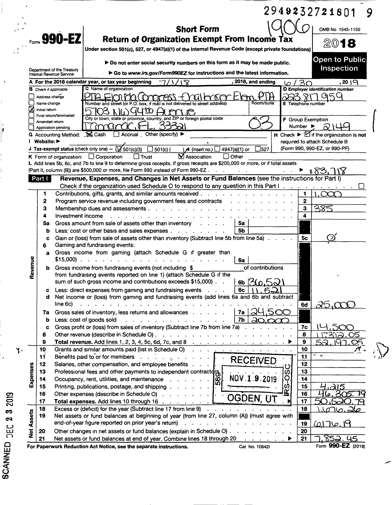 Image of first page of 2018 Form 990EZ for PTA Florida Congress - Challenger Elementary School PTA