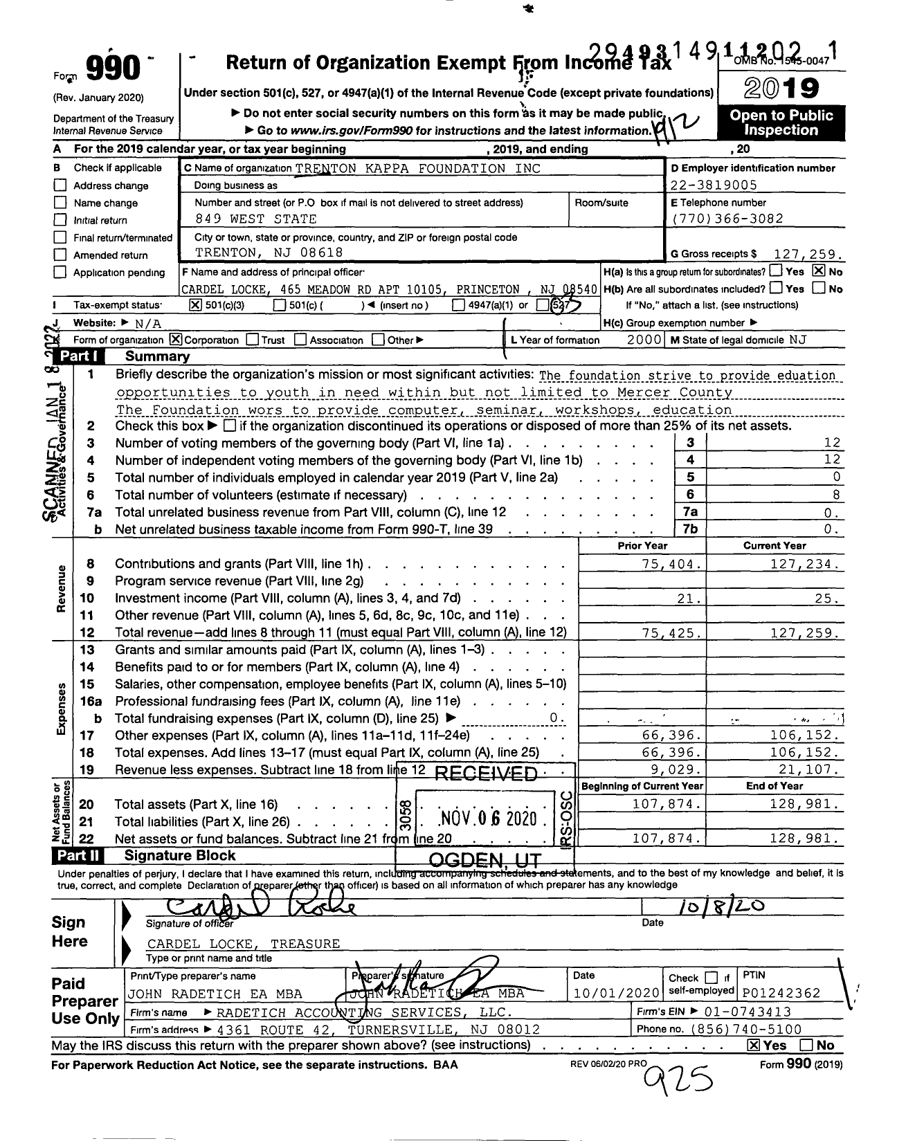 Image of first page of 2019 Form 990 for Trenton Kappa Foundation
