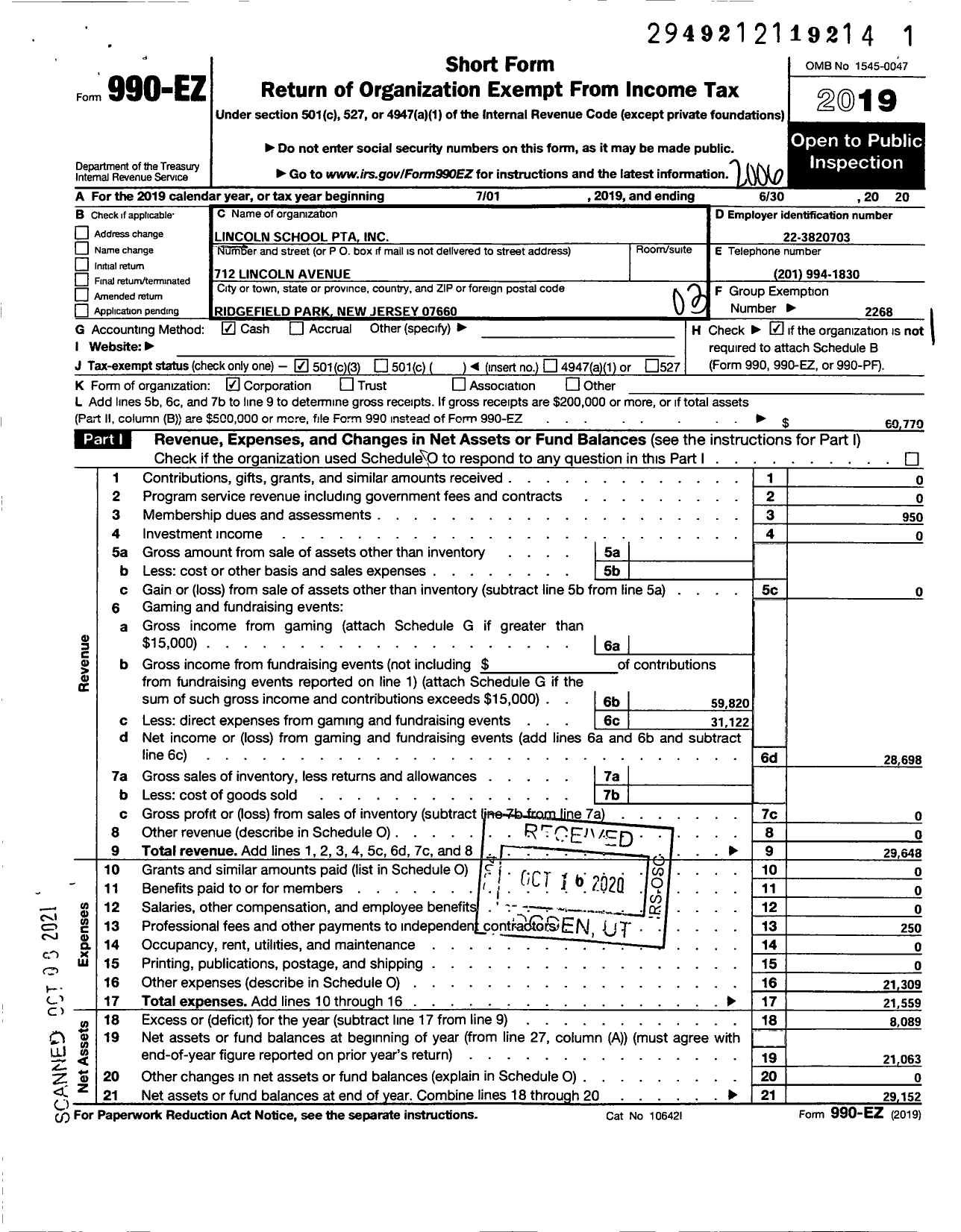 Image of first page of 2019 Form 990EZ for New Jersey PTA - 18818 Ridgefield Park Lincoln Schoo