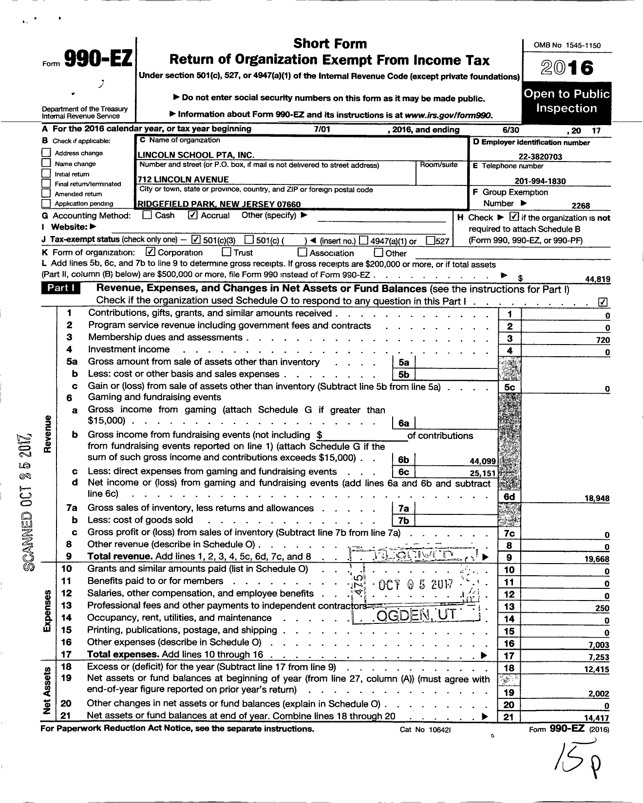 Image of first page of 2016 Form 990EZ for New Jersey PTA - 18818 Ridgefield Park Lincoln Schoo