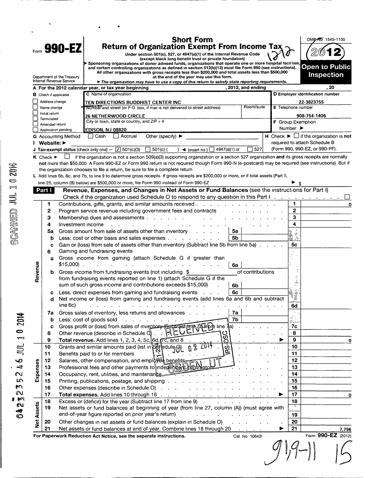 Image of first page of 2012 Form 990EZ for Ten Directions Buddhist Center