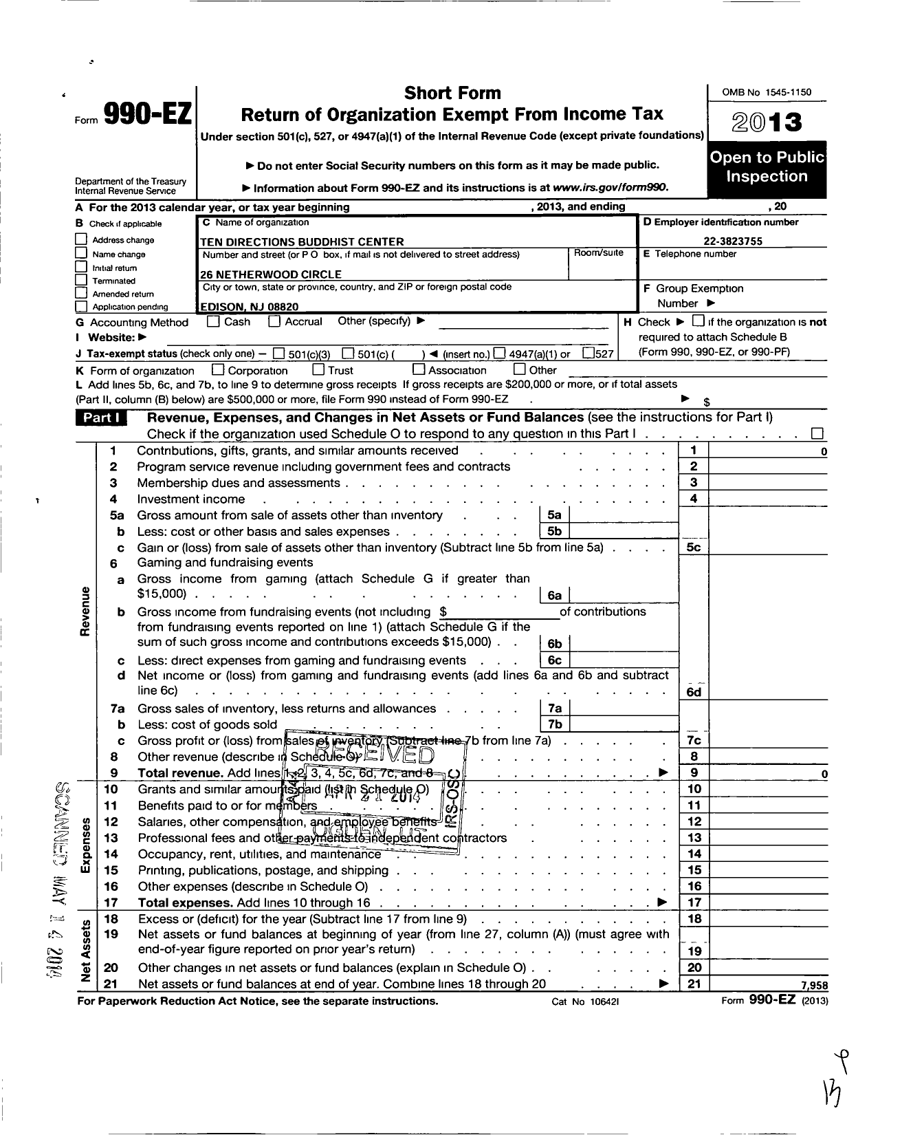 Image of first page of 2013 Form 990EO for Ten Directions Buddhist Center