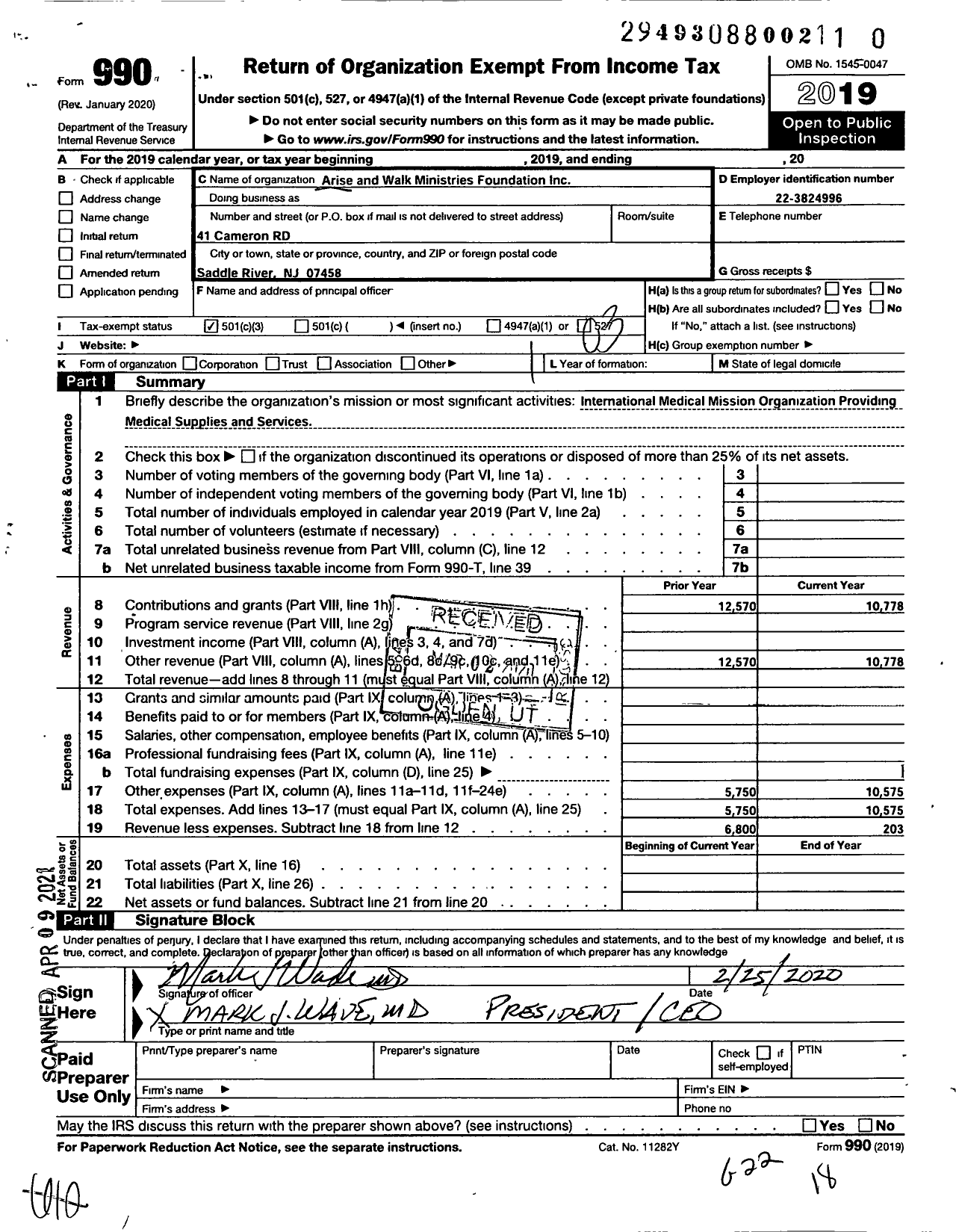 Image of first page of 2019 Form 990 for Arise and Walk Ministries Foundation