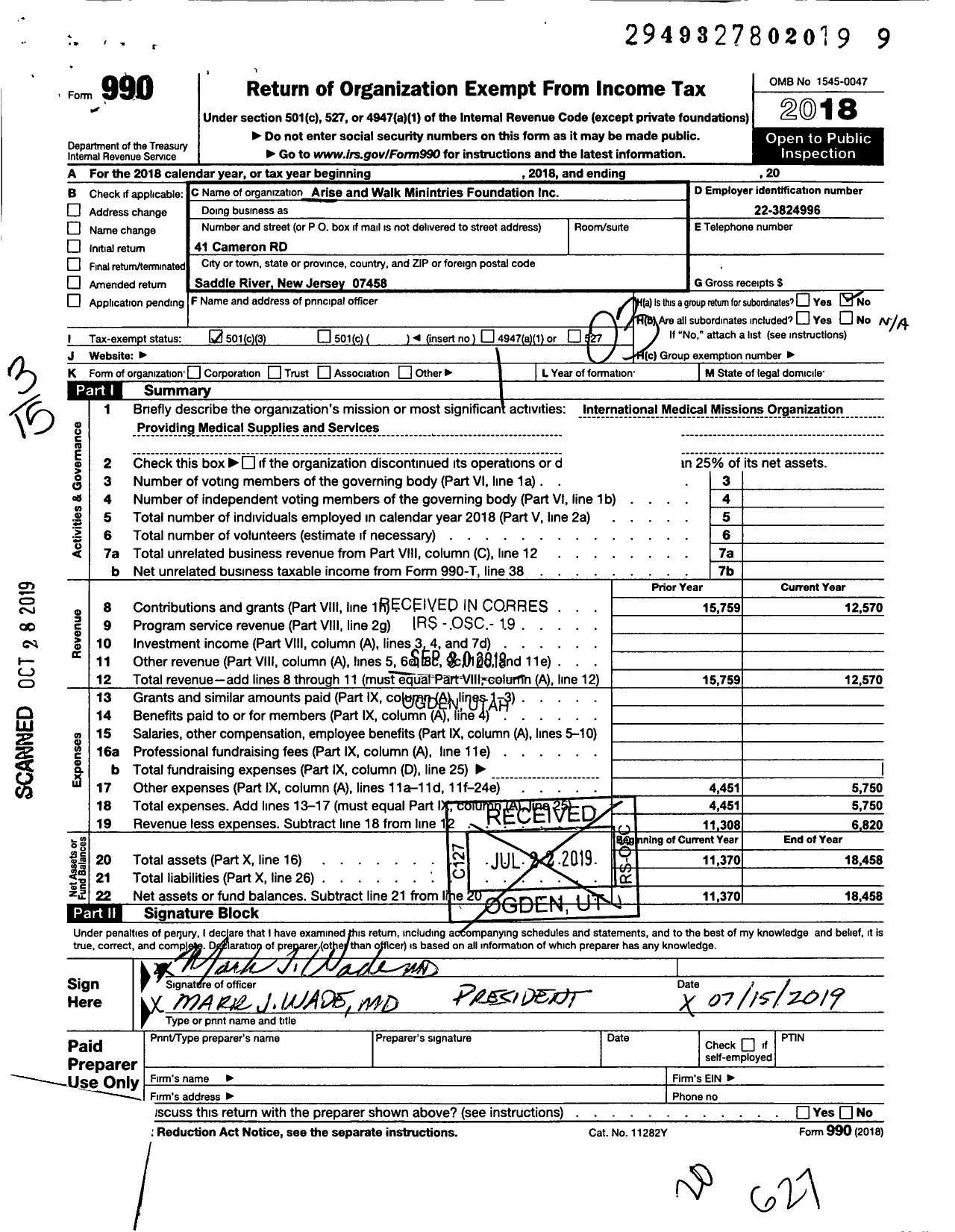 Image of first page of 2018 Form 990 for Arise and Walk Ministries Foundation