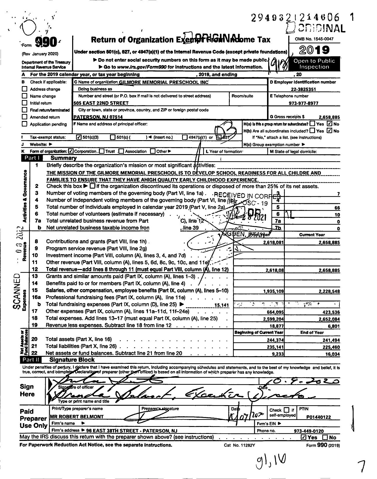 Image of first page of 2019 Form 990 for Gilmore Memorial Preschool