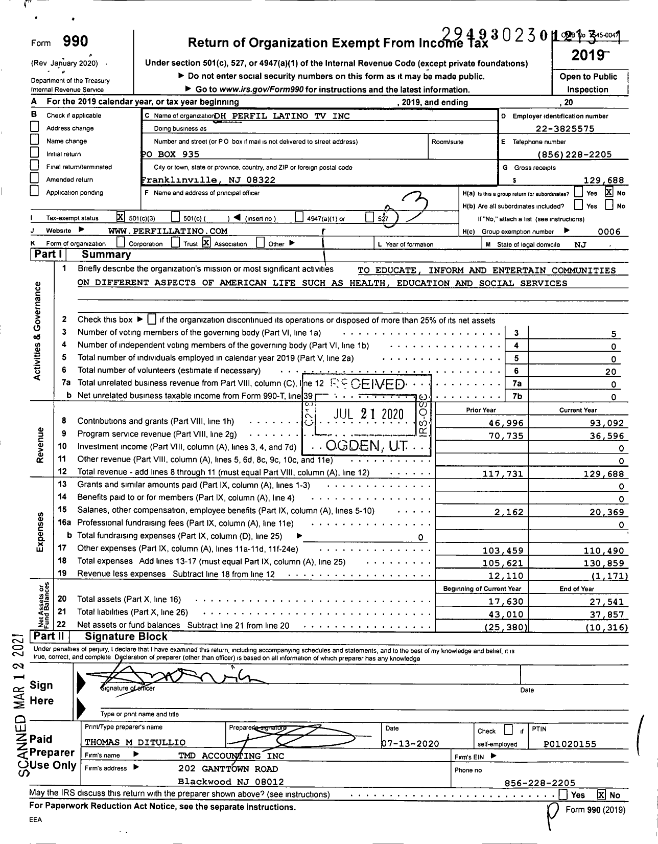 Image of first page of 2019 Form 990 for DH Perfil Latino TV