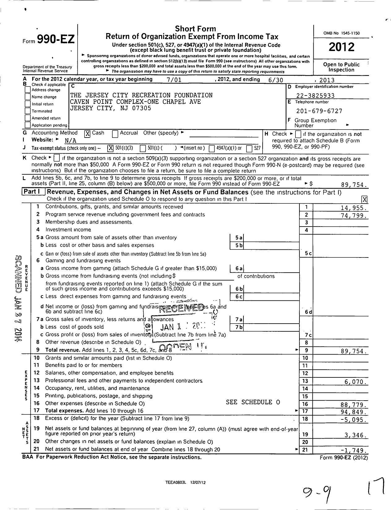 Image of first page of 2012 Form 990EZ for Jersey City Recreation Foundation