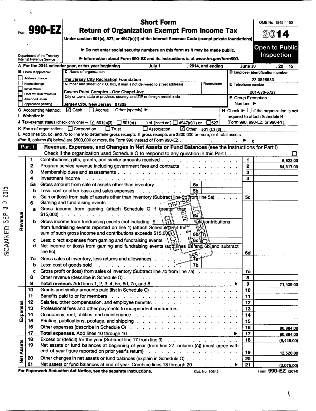 Image of first page of 2014 Form 990EZ for Jersey City Recreation Foundation