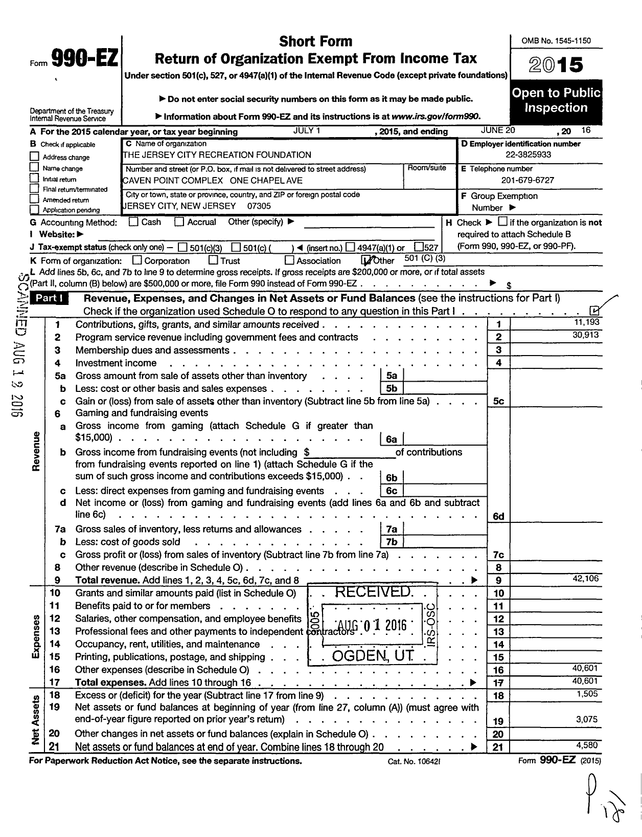 Image of first page of 2015 Form 990EO for Jersey City Recreation Foundation