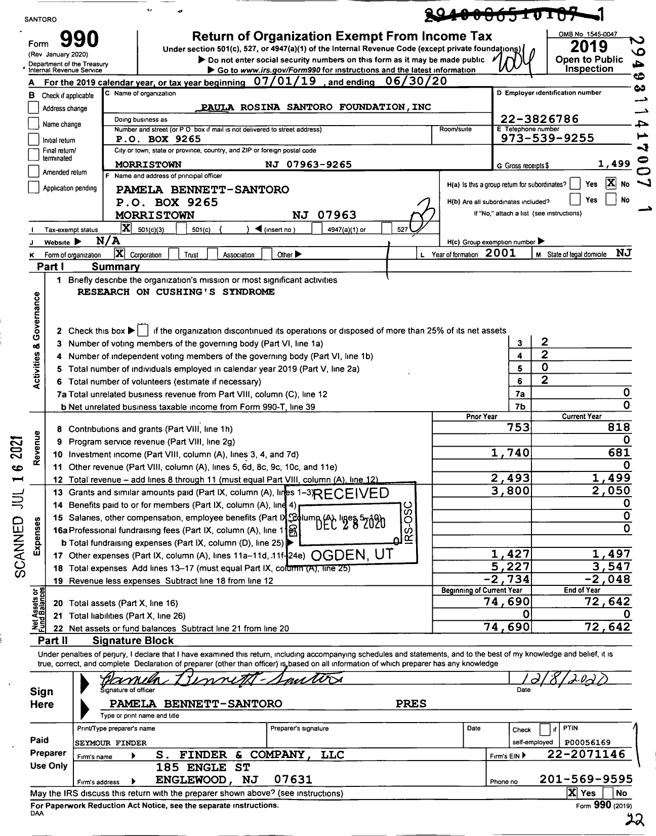 Image of first page of 2019 Form 990 for Paula Rosina Santoro Foundation