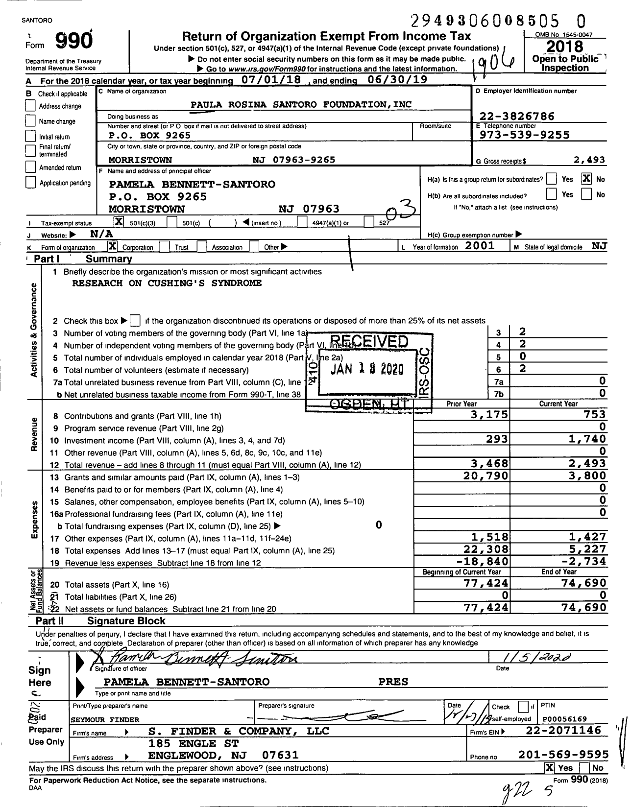 Image of first page of 2018 Form 990 for Paula Rosina Santoro Foundation