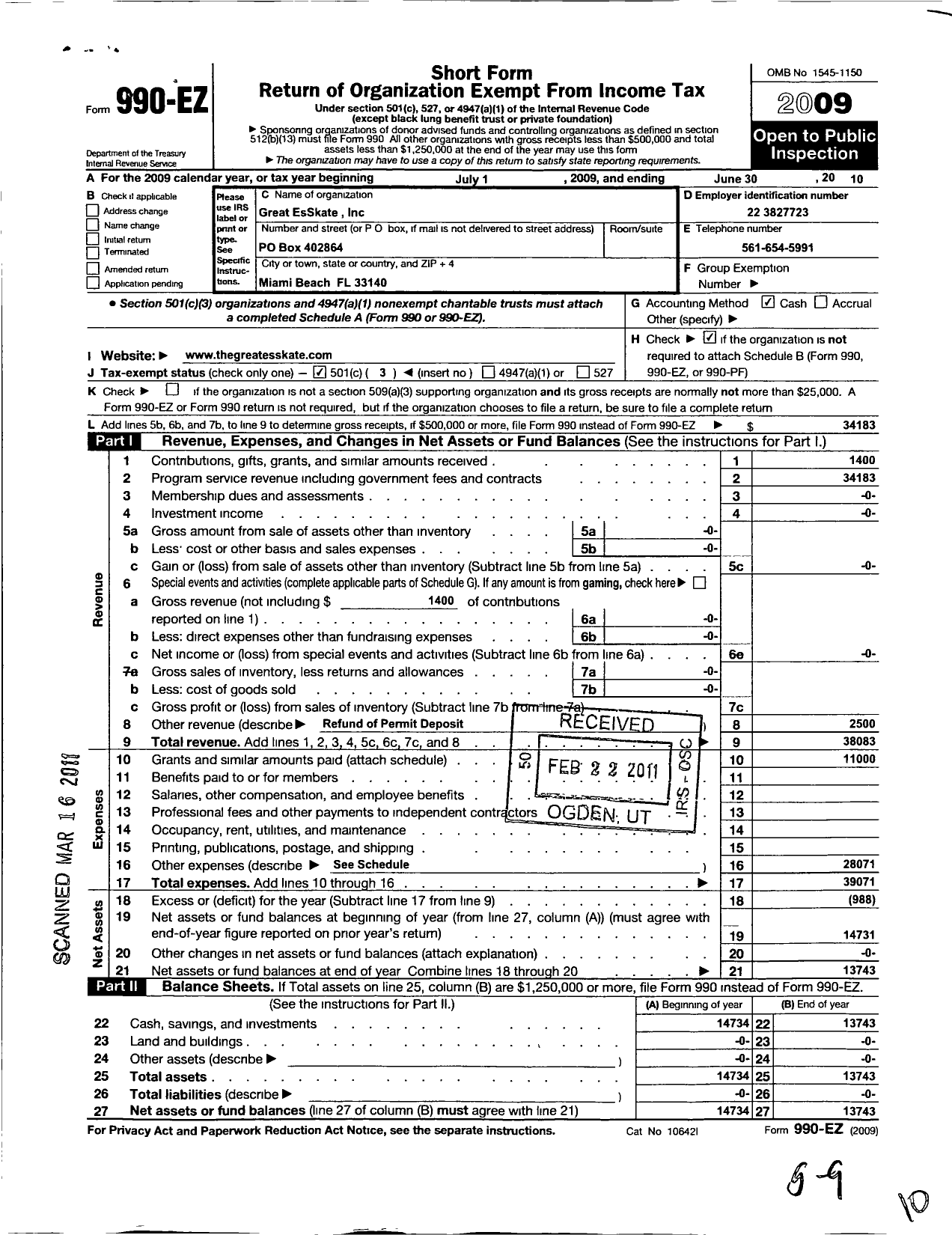 Image of first page of 2009 Form 990EZ for Great Esskate