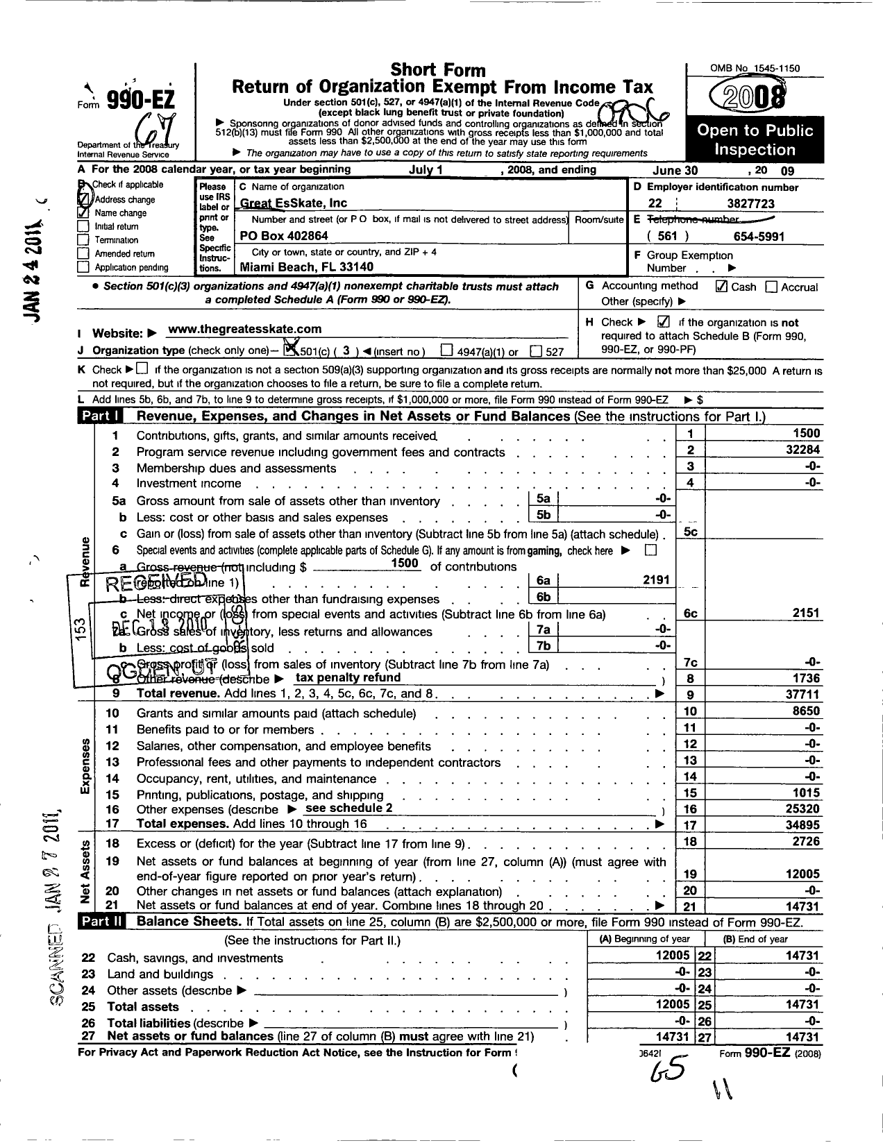 Image of first page of 2008 Form 990EZ for Great Esskate