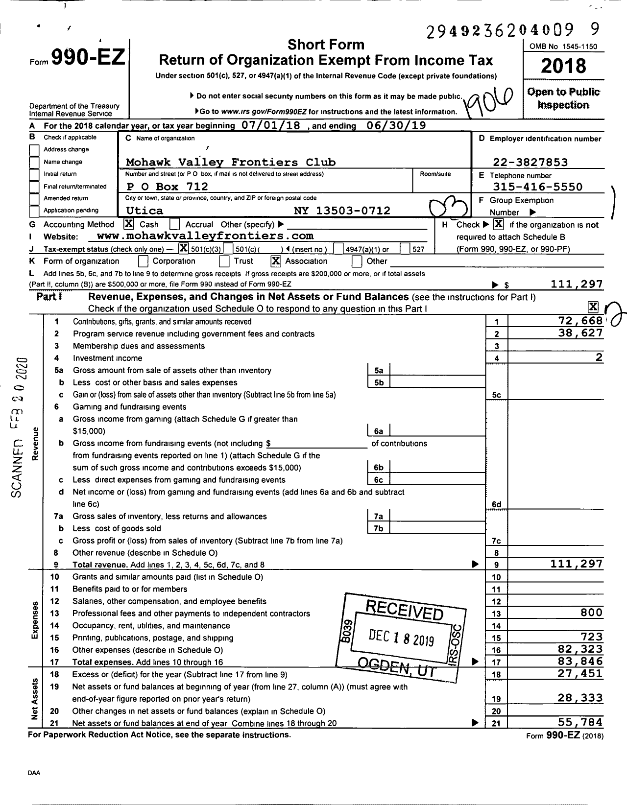 Image of first page of 2018 Form 990EZ for Mohawk Valley Frontiers Club