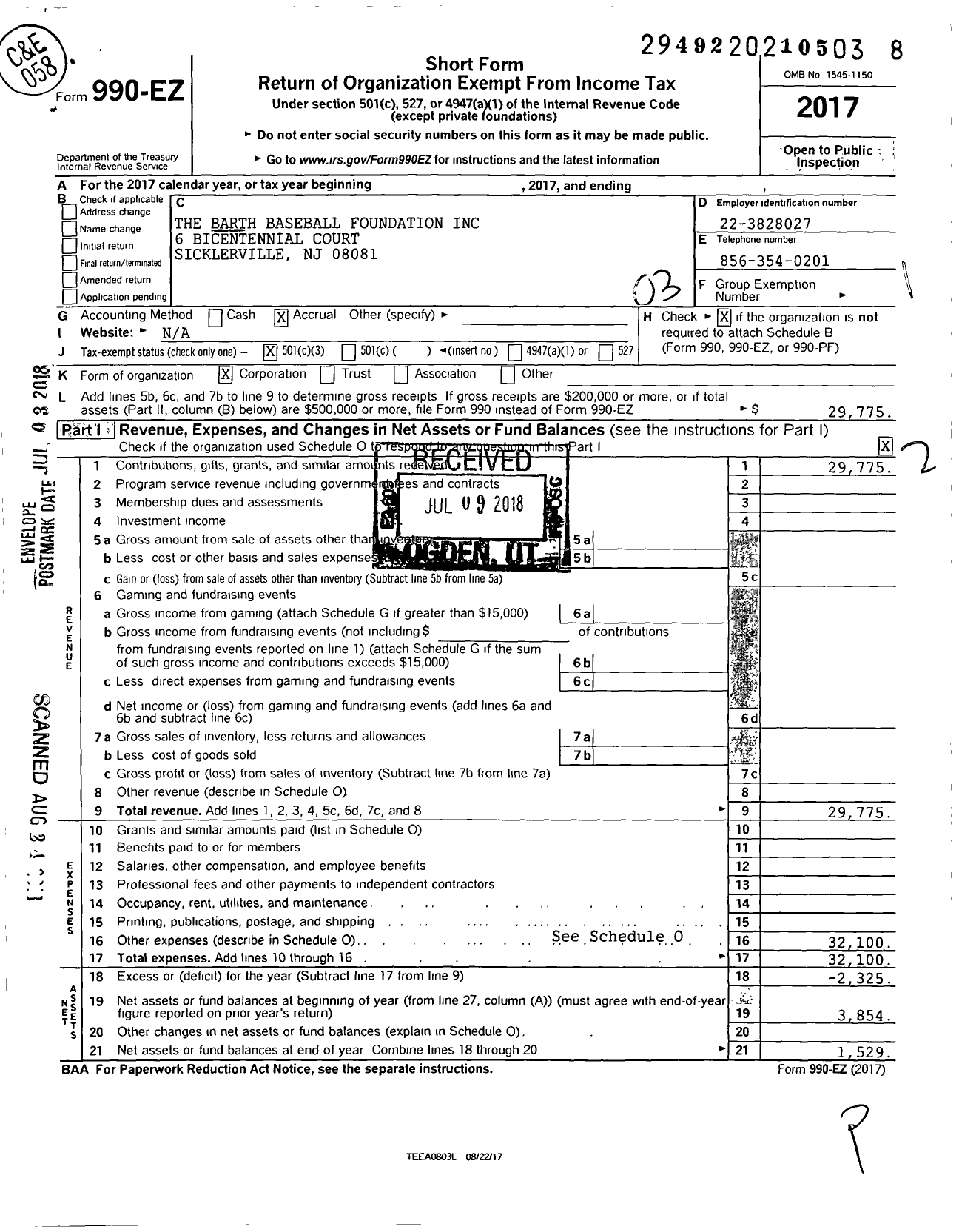 Image of first page of 2017 Form 990EZ for The Barth Baseball Foundation