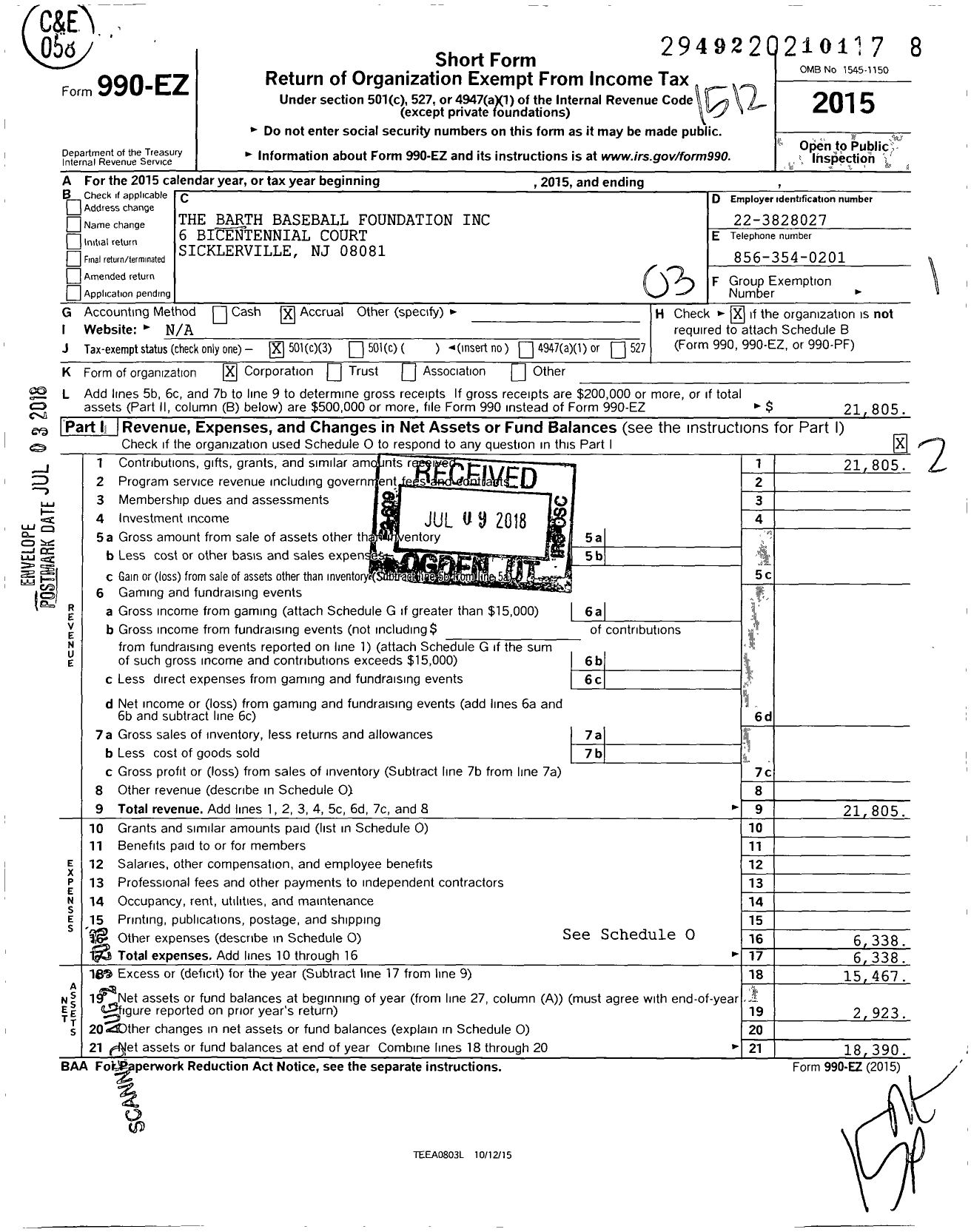 Image of first page of 2015 Form 990EZ for The Barth Baseball Foundation