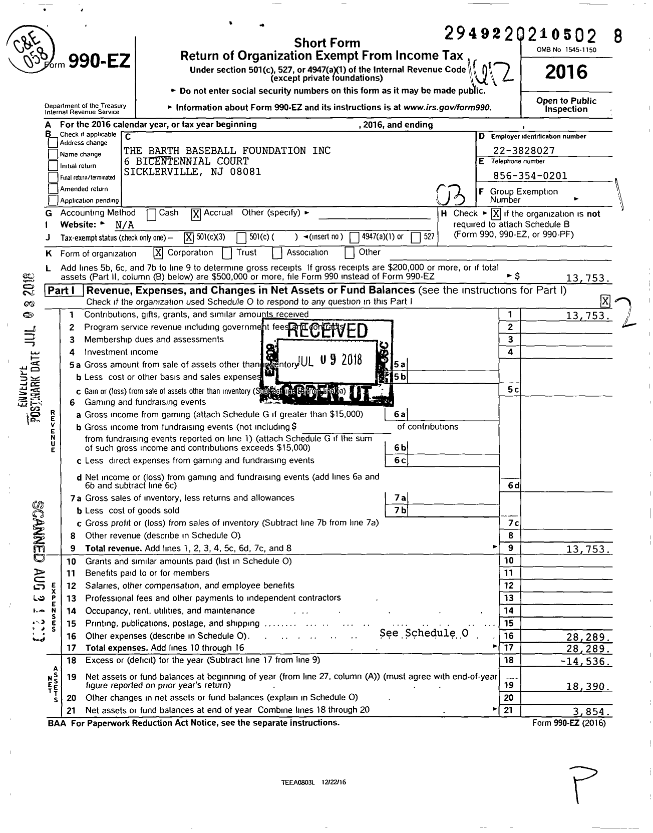 Image of first page of 2016 Form 990EZ for The Barth Baseball Foundation