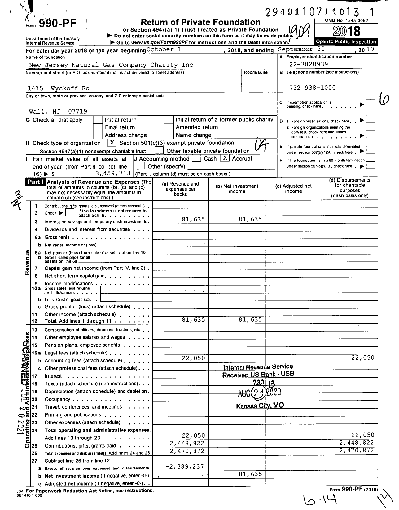 Image of first page of 2018 Form 990PF for New Jersey Natural Gas Company Charity