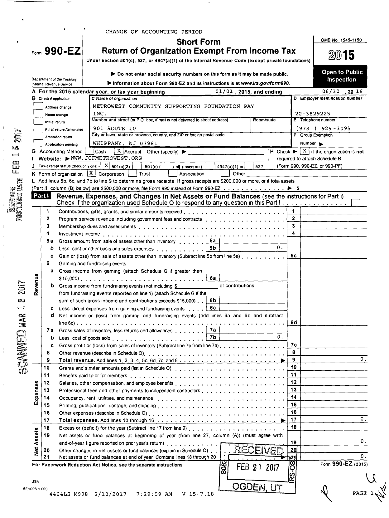 Image of first page of 2015 Form 990EZ for Metrowest Community Supporting Foundation Pay