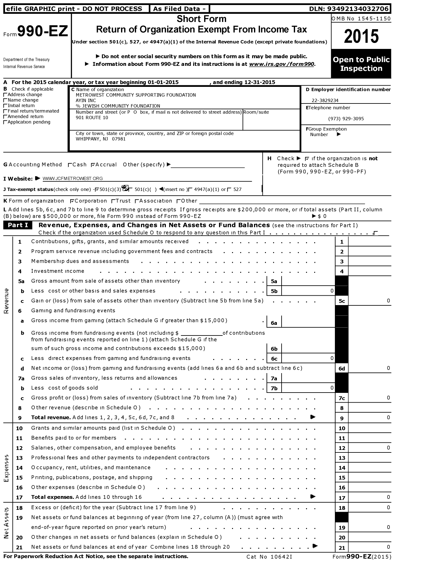 Image of first page of 2015 Form 990EZ for Metrowest Community Supporting Foundation Ayin