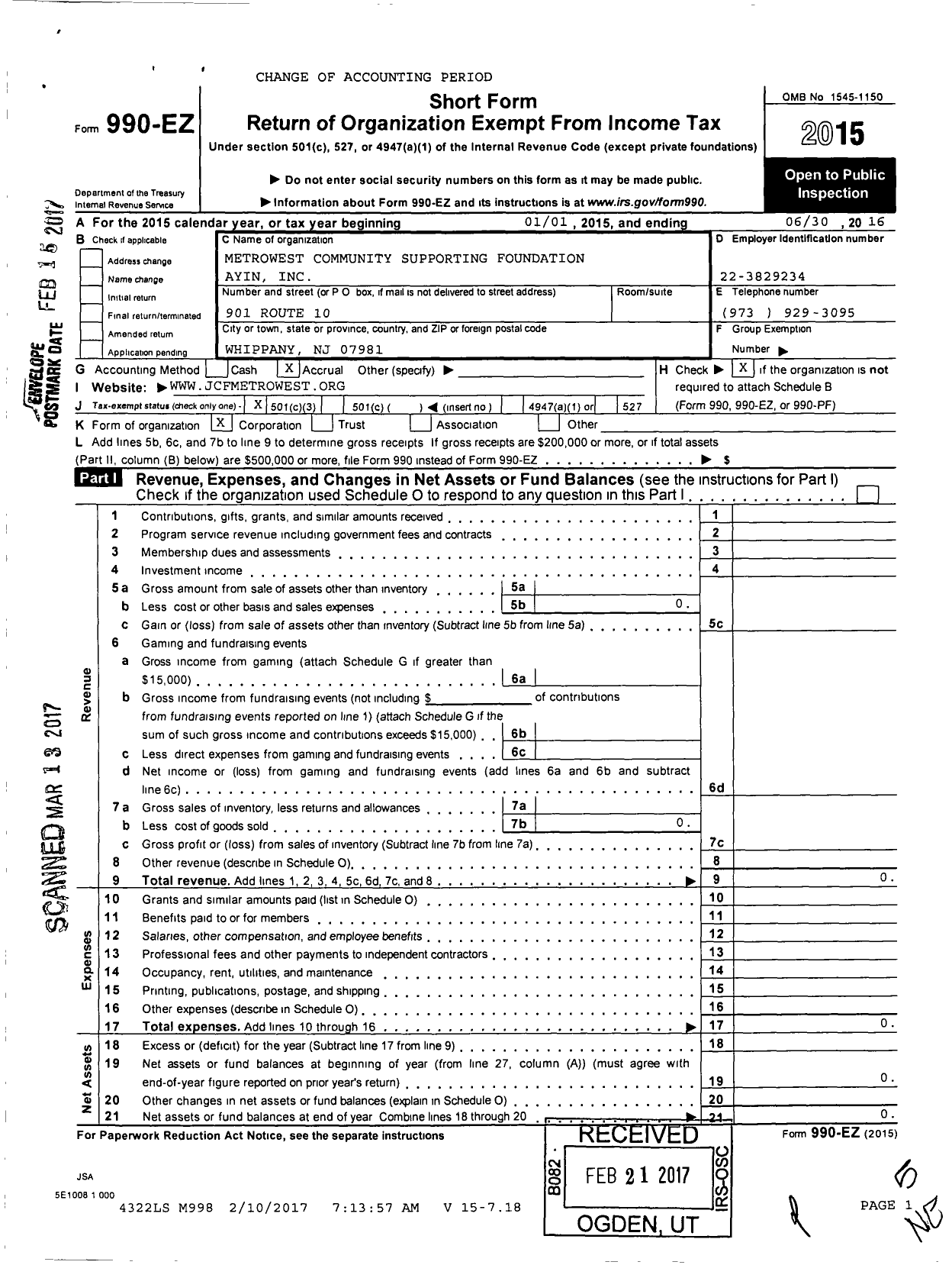 Image of first page of 2015 Form 990EZ for Metrowest Community Supporting Foundation Ayin