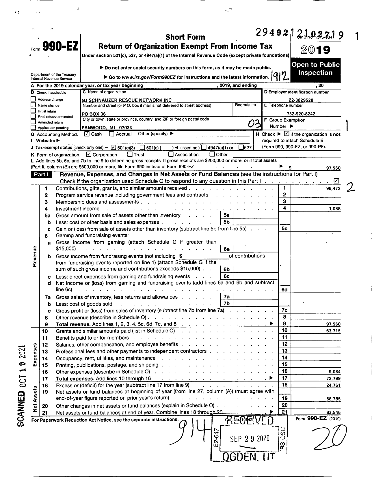 Image of first page of 2019 Form 990EZ for New Jersey Schnauzer Rescue Network