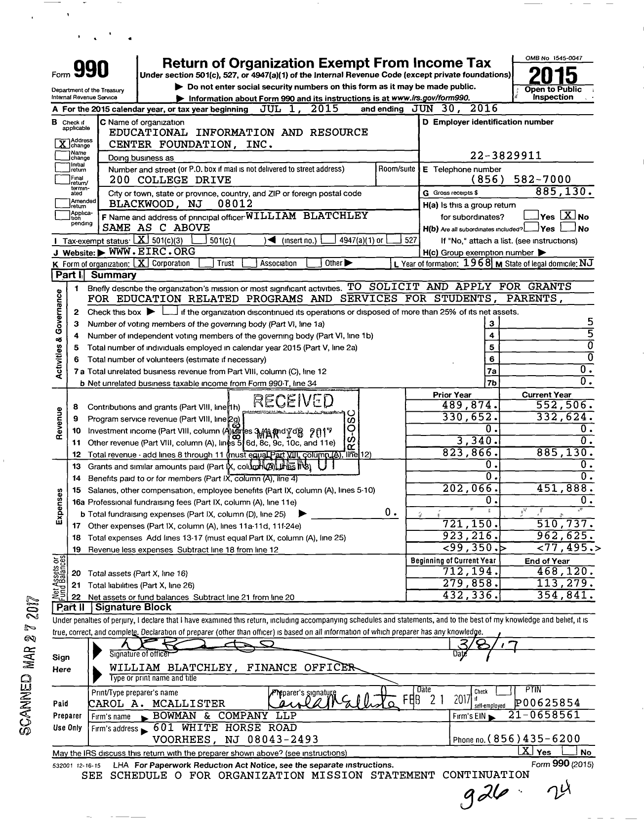 Image of first page of 2015 Form 990 for Eirc Foundation