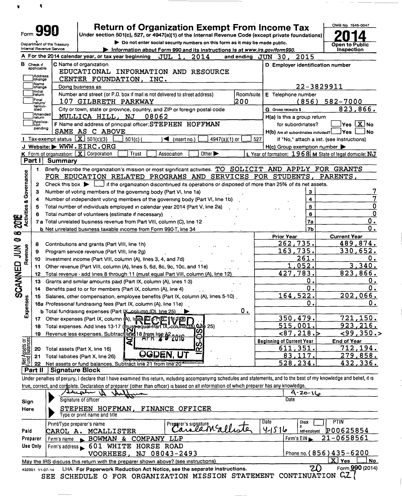Image of first page of 2014 Form 990 for Eirc Foundation