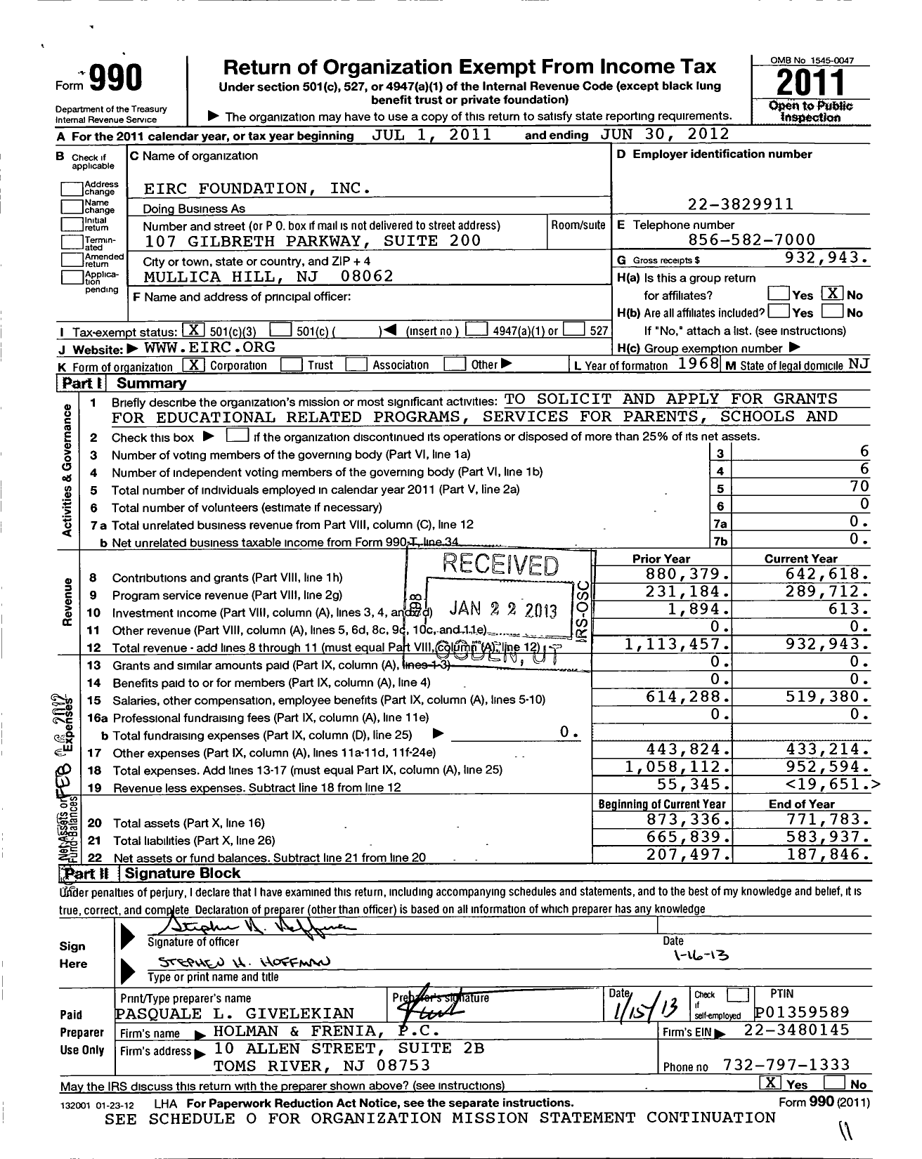 Image of first page of 2011 Form 990 for Eirc Foundation