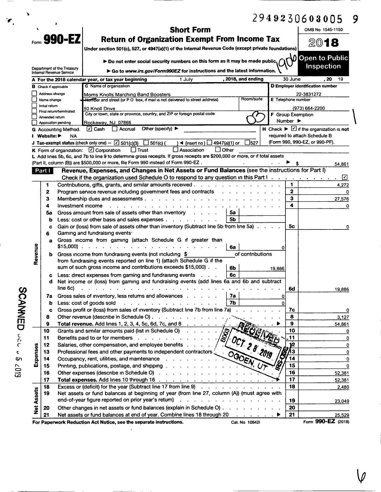 Image of first page of 2018 Form 990EZ for Morris Knolls Band Boosters