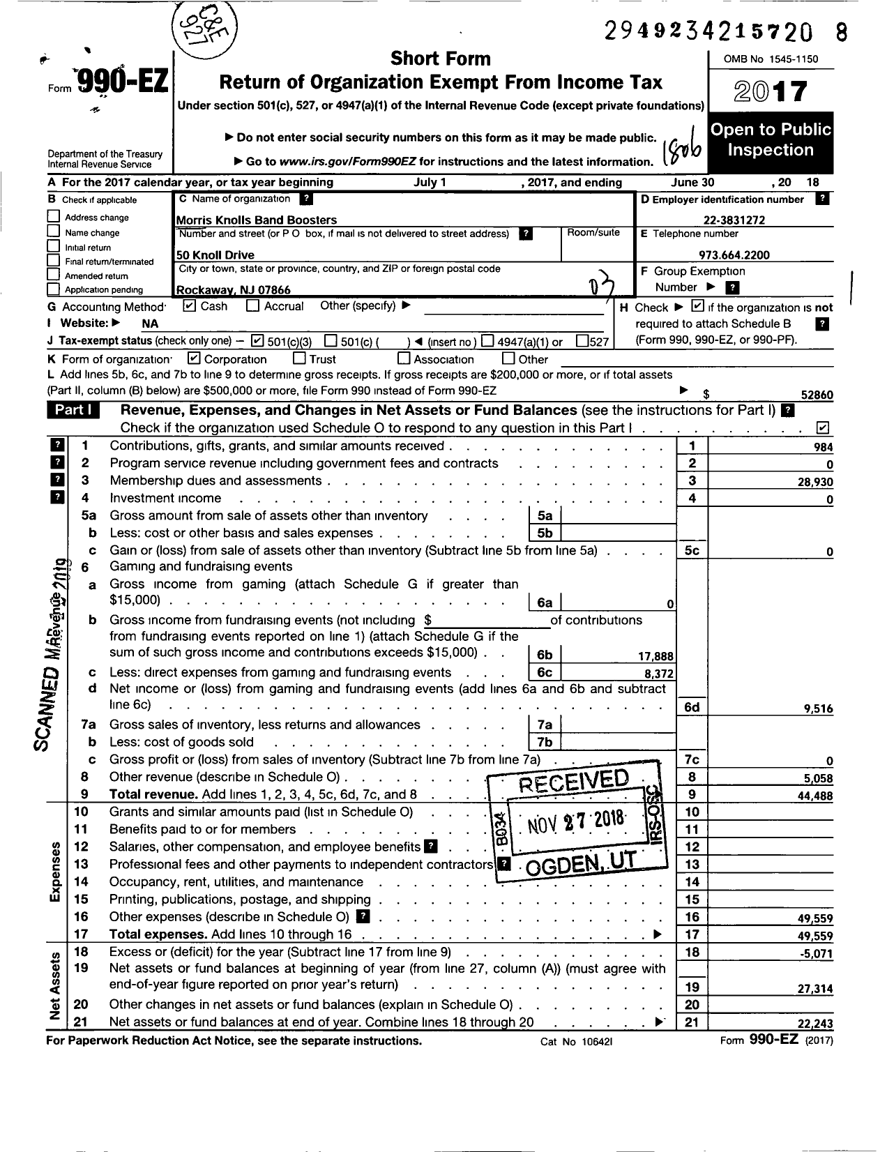 Image of first page of 2017 Form 990EZ for Morris Knolls Band Boosters