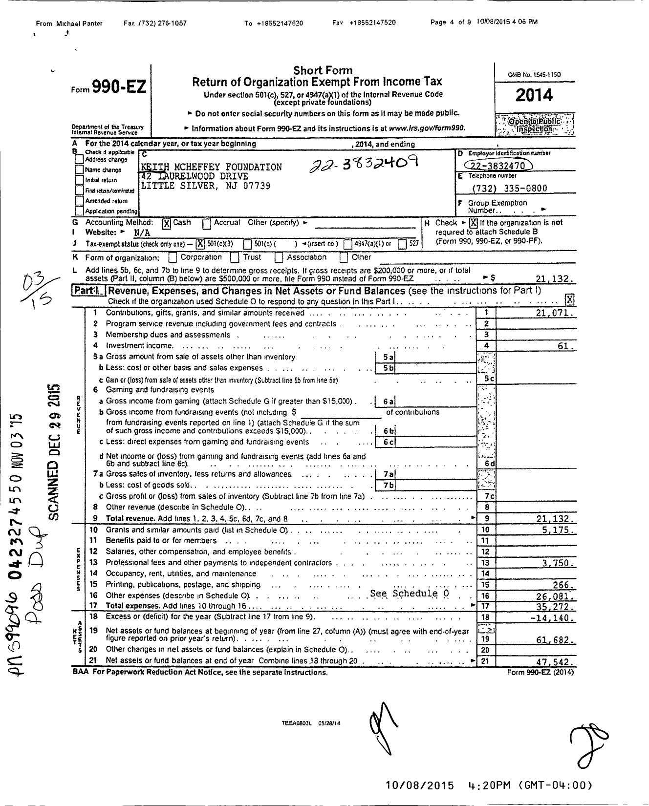 Image of first page of 2014 Form 990EZ for Keith Mcheffey Foundation