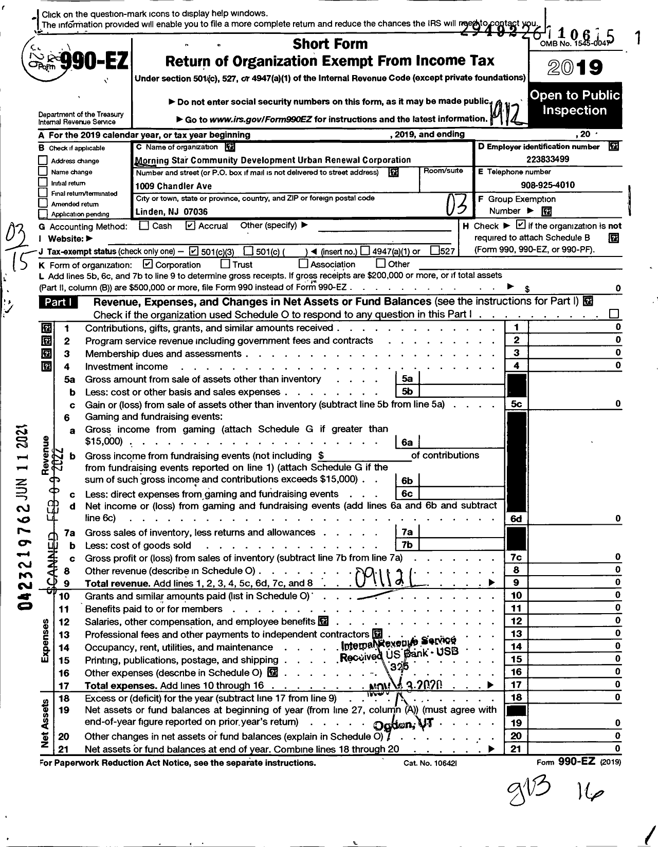 Image of first page of 2019 Form 990EZ for Morning Star Community Development Corporation