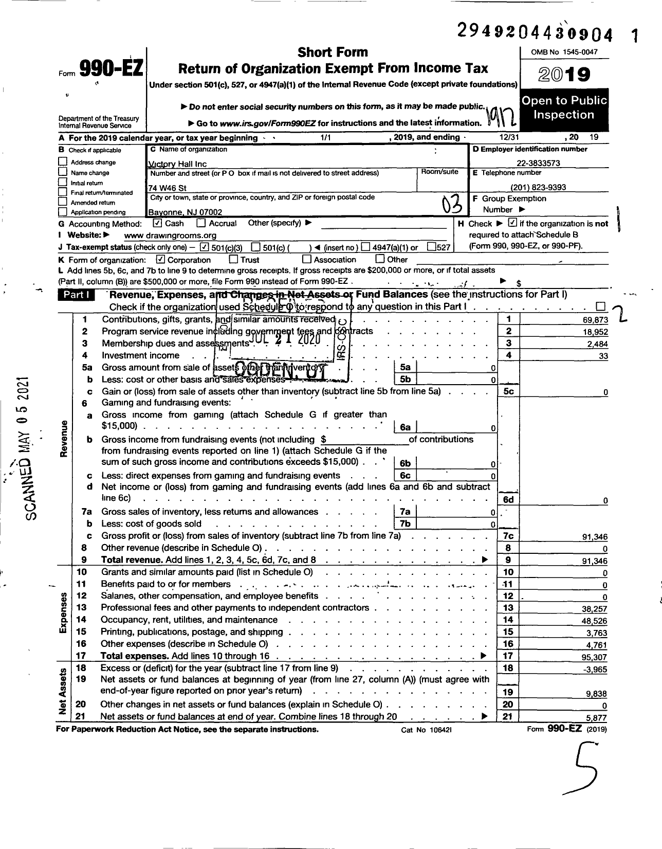 Image of first page of 2019 Form 990EZ for Victory Hall