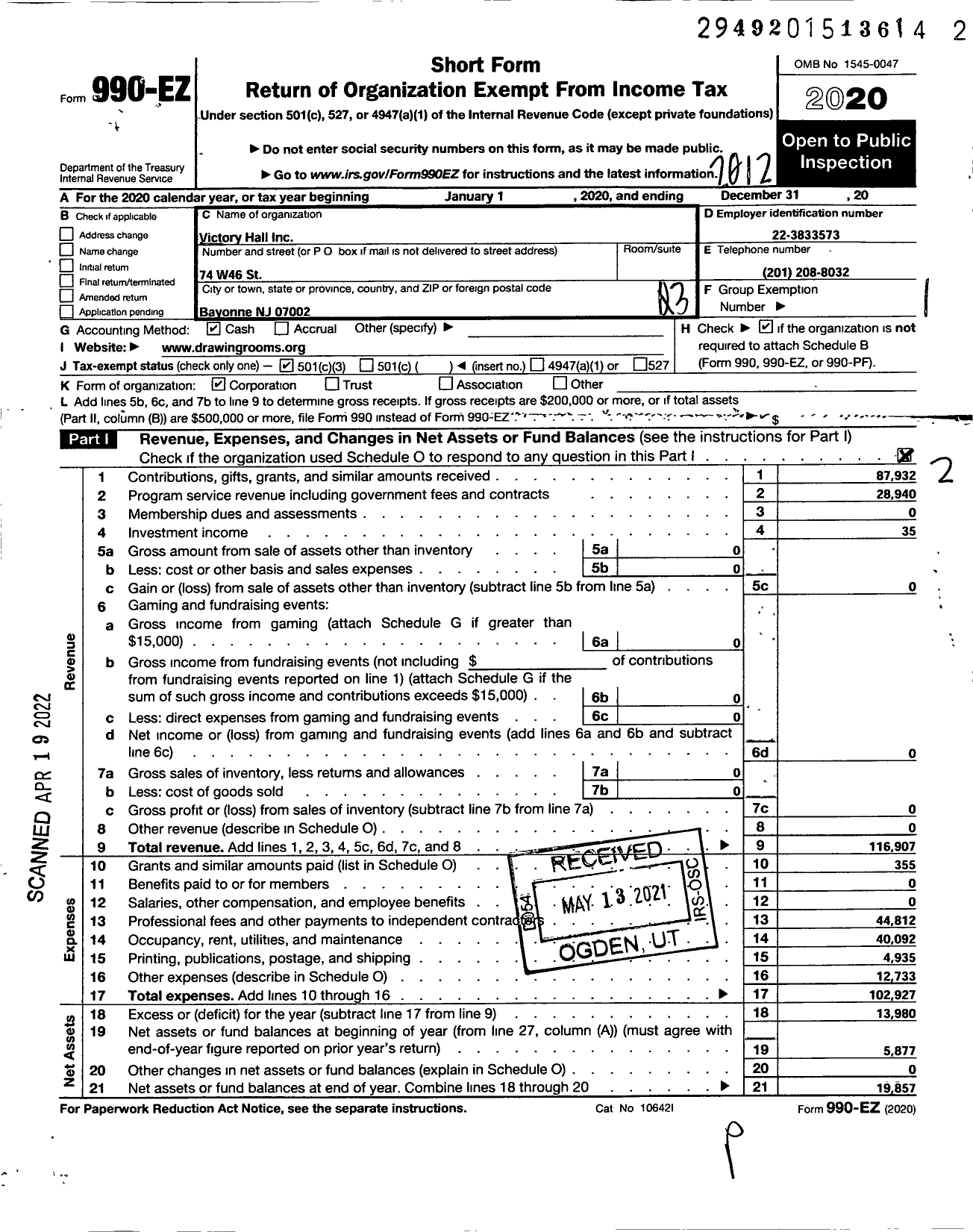 Image of first page of 2020 Form 990EZ for Victory Hall