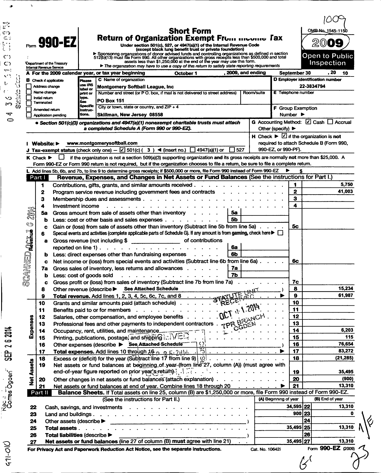 Image of first page of 2009 Form 990EZ for Mavericks Fastpitch / Montgomery Softball League