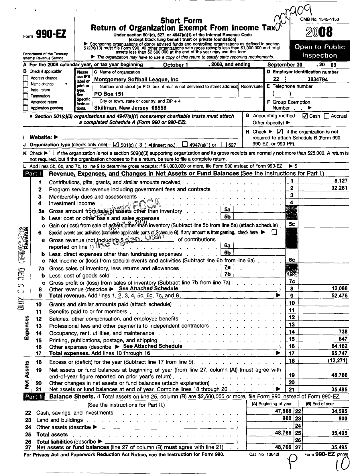 Image of first page of 2008 Form 990EZ for Mavericks Fastpitch / Montgomery Softball League