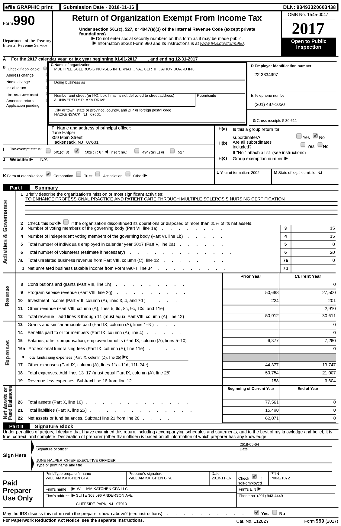 Image of first page of 2017 Form 990 for Multiple Sclerosis Nurses International Certification Board